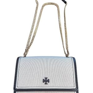 Tory Burch Emerson Canvas Shoulder Bag, Black Leather Trim, Gold Chain Strap, 10 x 2.5 x 6.5 inches