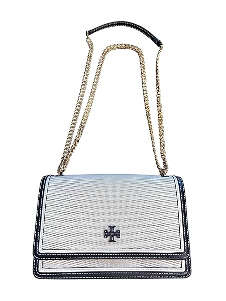 Tory Burch Emerson Canvas Shoulder Bag, Black Leather Trim, Gold Chain Strap, 10 x 2.5 x 6.5 inches