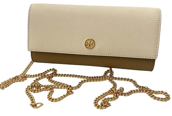 Tory Burch Emerson Color-Block Wallet On A Chain One Size Brie & Almond Flour w Taupe Suede on the Side & Saffiano Leather interior w Gold Hardware/Chain - Image 3