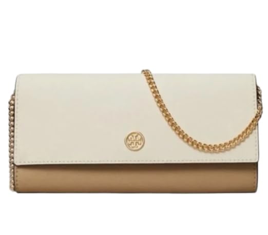 Tory Burch Emerson Color-Block Wallet On A Chain One Size Brie & Almond Flour w Taupe Suede on the Side & Saffiano Leather interior w Gold Hardware/Chain