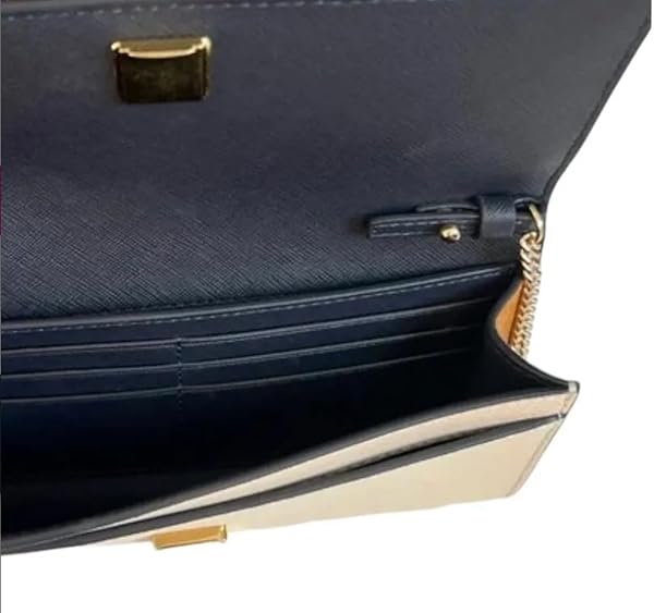 Tory Burch Emerson Color-Block Wallet On A Chain Tory Navy One Size Navy & Brie w Taupe Suede on the Side & Saffiano Leather interior w Gold Hardware/Chain - Image 5