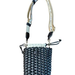 Tory Burch Emerson Mini Bucket Bag, Black Woven Leather, Floral Adjustable Strap