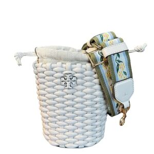 Tory Burch Emerson Mini Bucket Bag, New Ivory Woven Leather, Floral Adjustable Strap