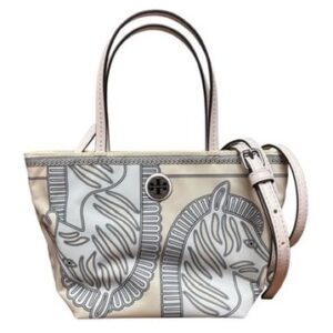 Tory Burch Emerson Mini Tote, Leather & Nylon with Zebra Design, Crossbody Strap, White with Zebra Print, 10 x 4.5 x 6 inches