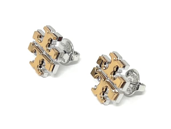 Tory Burch Extra Large Logo Stud Earring Two Toned Gold Silver 5/8'' WIde, Multi - Image 3