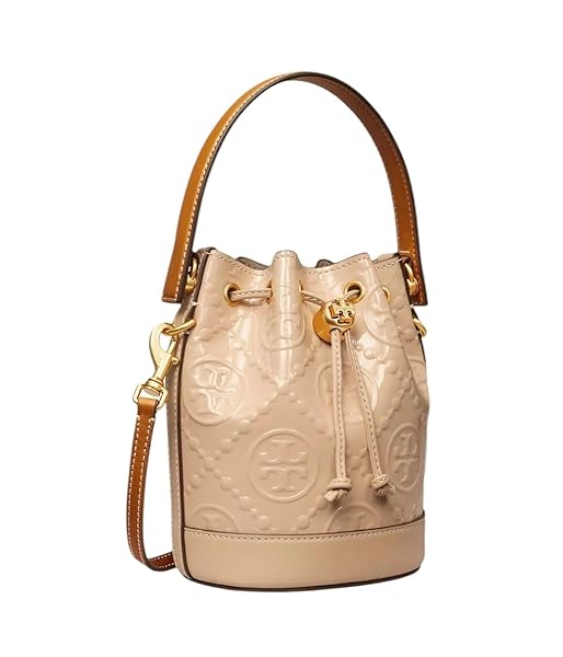 Tory Burch Mini T Monogram Patent Leather Bucket Bag, Tan - Image 4