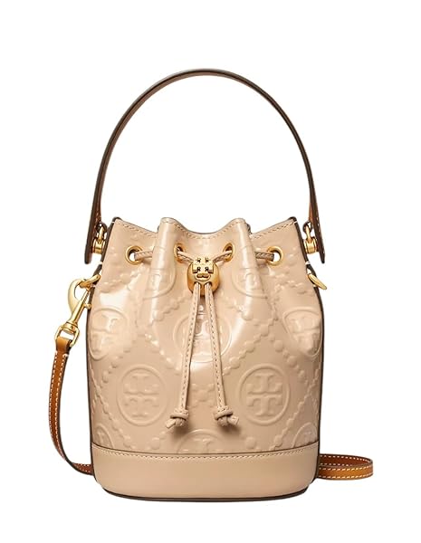 Tory Burch Mini T Monogram Patent Leather Bucket Bag, Tan