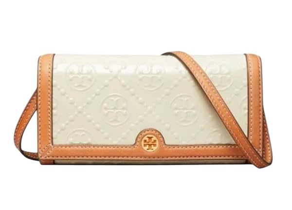 Tory Burch T Monogram Leather Crossbody Wallet, Embossed Pattern, New Ivory/Tan