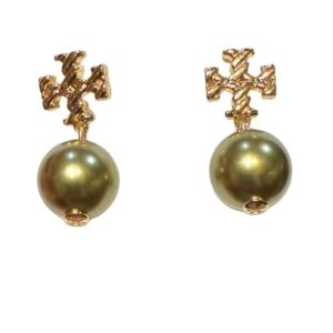 Tory Burch Textured Rope Logo Pearl Drop Earring (Gold Plated Pearl)