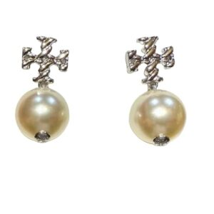 Tory Burch Textured Rope Logo Pearl Drop Earring (Tory Silver Pearl)