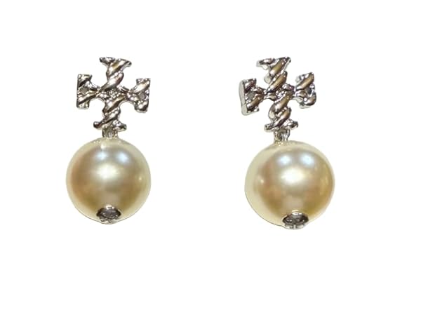 Tory Burch Textured Rope Logo Pearl Drop Earring (Tory Silver Pearl)