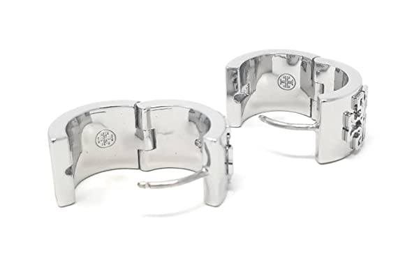 Tory Burch Women's Britten Huggie Small & Wide Hoop with Double T Logo (Silver - 022) - Image 3