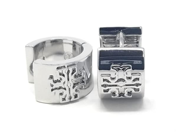 Tory Burch Women's Britten Huggie Small & Wide Hoop with Double T Logo (Silver - 022)
