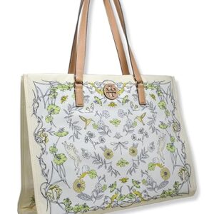 Tory Burch Womens Floral Easter Printed Nylon Tote Bag with Gold-Tone Hardware, Large, Meadow