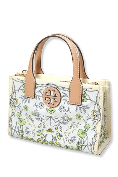 Tory Burch Womens Mini Nylon Tote Bag with Gold-Tone Hardware and Shoulder Strap, (Easter Meadow Print Off-White)