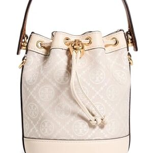 Tory Burch Women's Mini T Monogram Bucket Bag, Ivory, Print, Off White, One Size