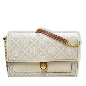 Tory Burch Womens Woven T Monogram Jacquard Leather Trims Chain Crossbody Mini Bag Purse, Ivory Beige (O/S)