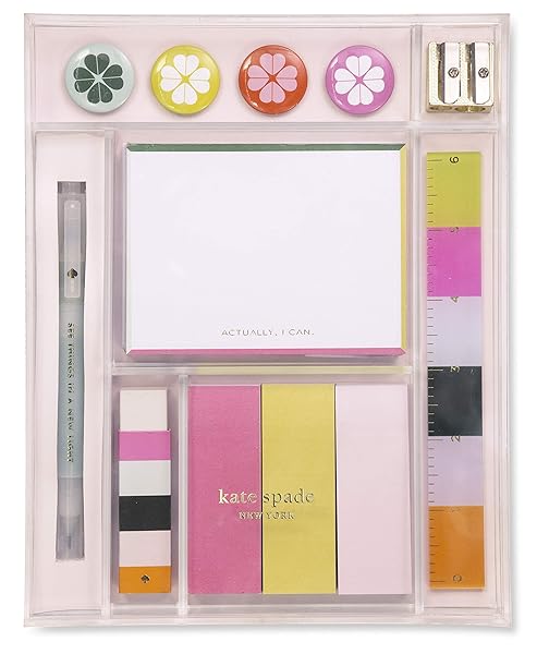 kate spade new york Cute Office and School Supplies Set, Desk Organizer Includes Ruler, Pen, Pencil sharpener, Eraser, 3 Sticky Note Flags, Notepad, and Magnets, Actually I Can